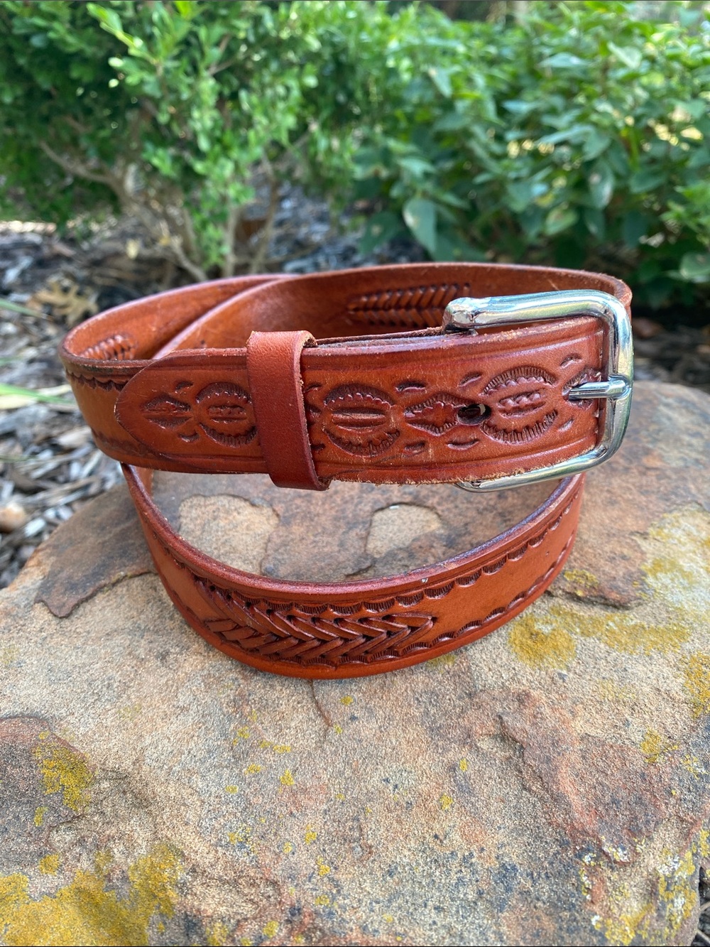 Hand-Tooled Brown Leather Belt w/Braiding